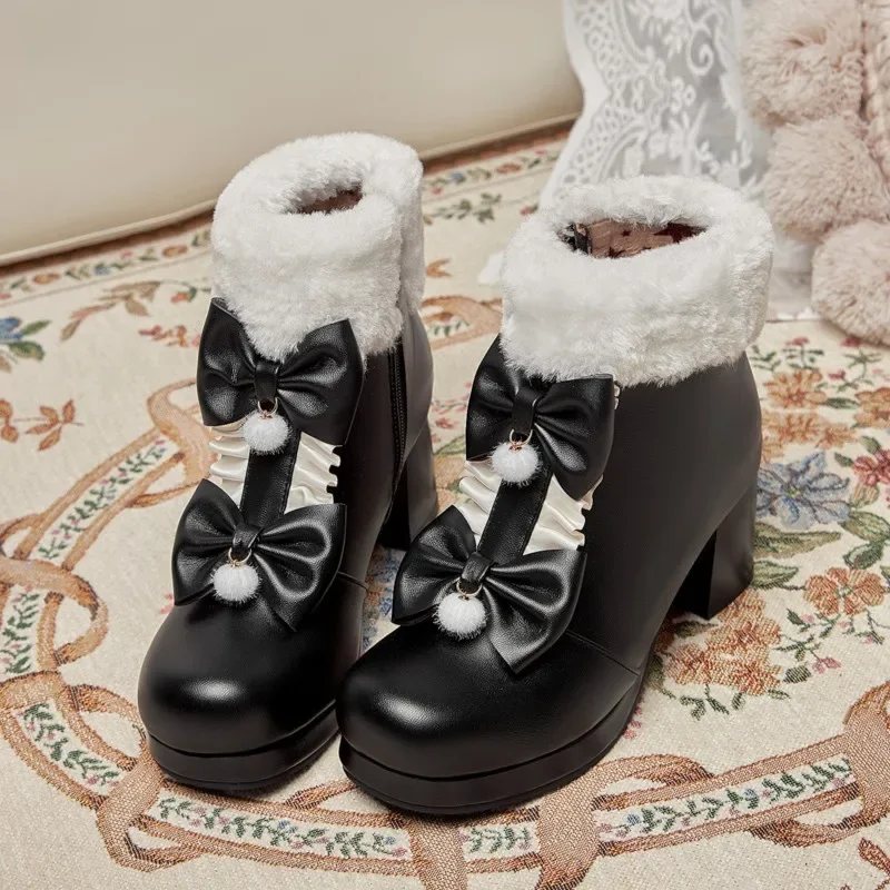 2024 Winter Womens Fashion High Heel Boots Pink White Black Fur Tassel Bowtie Lovely Lolita Ladies Party Wedding Shoes Size 43