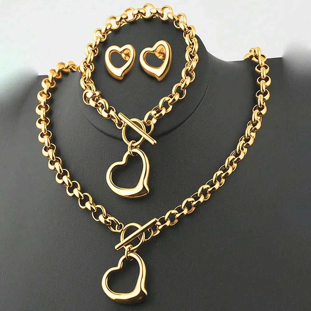 Gold Plated Alloy Heart Jewelry Set, Chunky Chain Necklace & Earrings, OT Toggle Closure, Fashionable Gift for Women