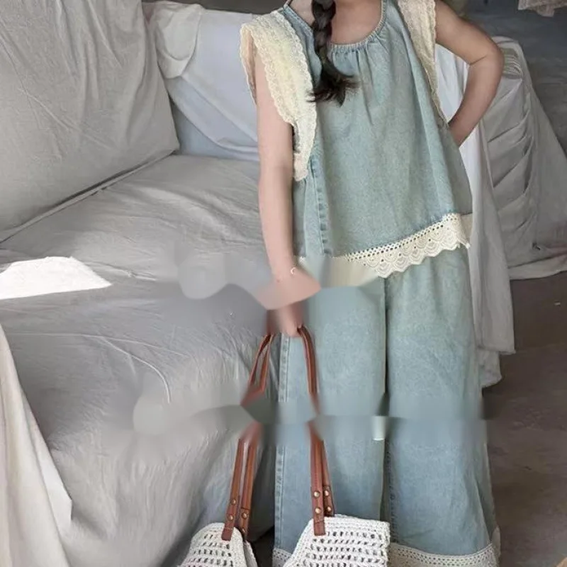 

Korean style children's clothing set for girls, summer fashion lace border denim vest top, wide leg pants, sleeveless two-piece