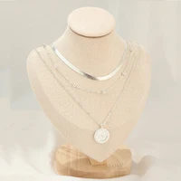 Chaîne serpent plate à la mode avec pendentif disque de pièce de monnaie à trois couches, collier pour femmes, accessoires de bijoux 3
