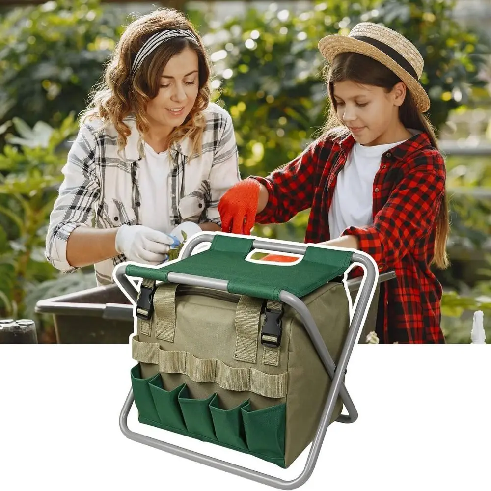 

2 in 1 Foldable Garden Stool Green Detachable Portable Folding Chair Large Capacity Multi-Pocket Garden Tools Storage Bag