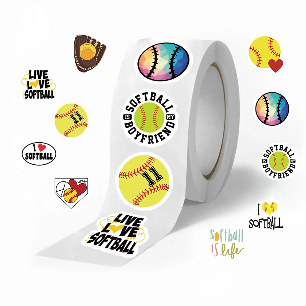 500Pcs Softball Stickers Roll, 10 Patterns Sports Decals 