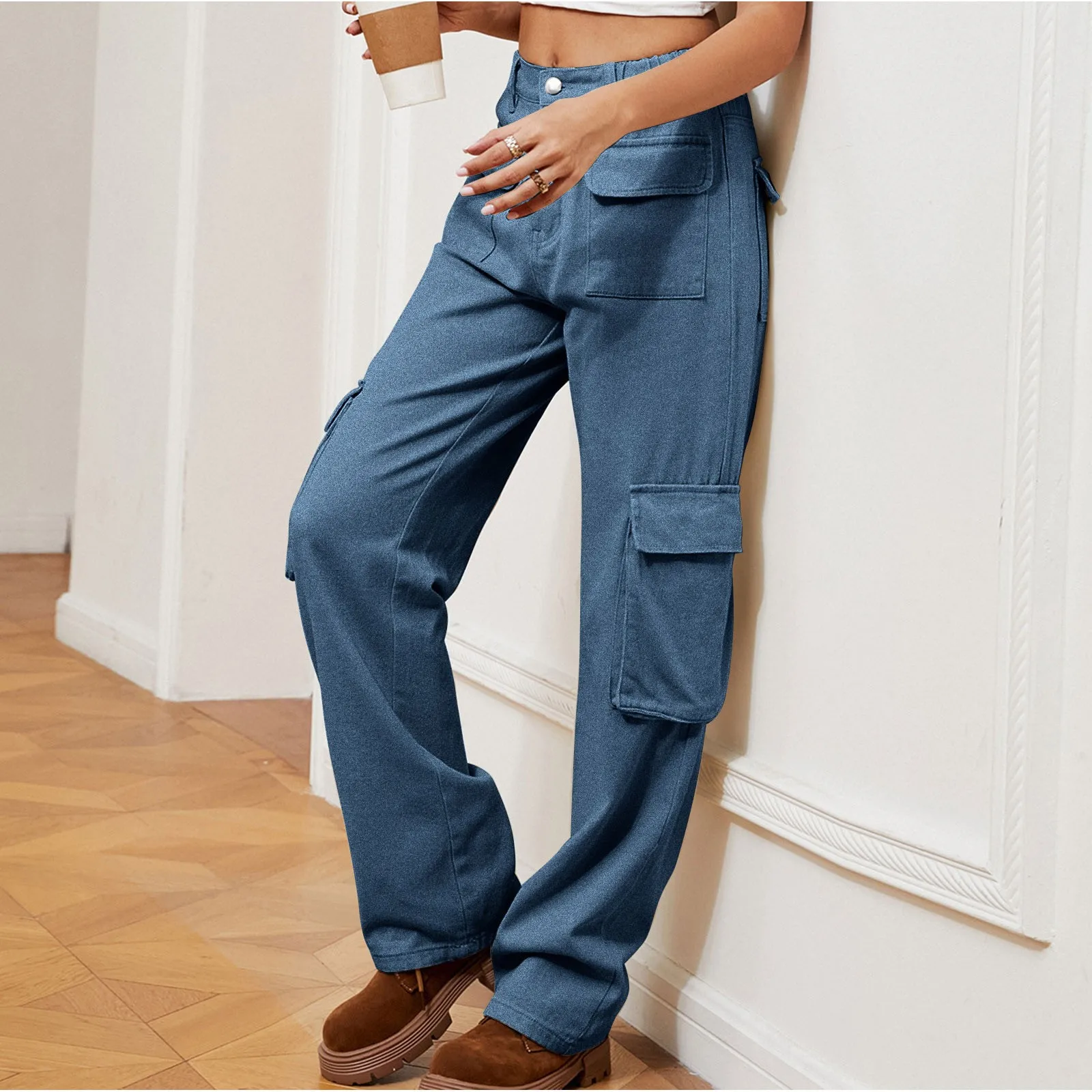 

Trendy Women's Straight Leg Denim Pants Multiple Pockets Workwear Casual Women Clothing Comfortable Loose Jeans