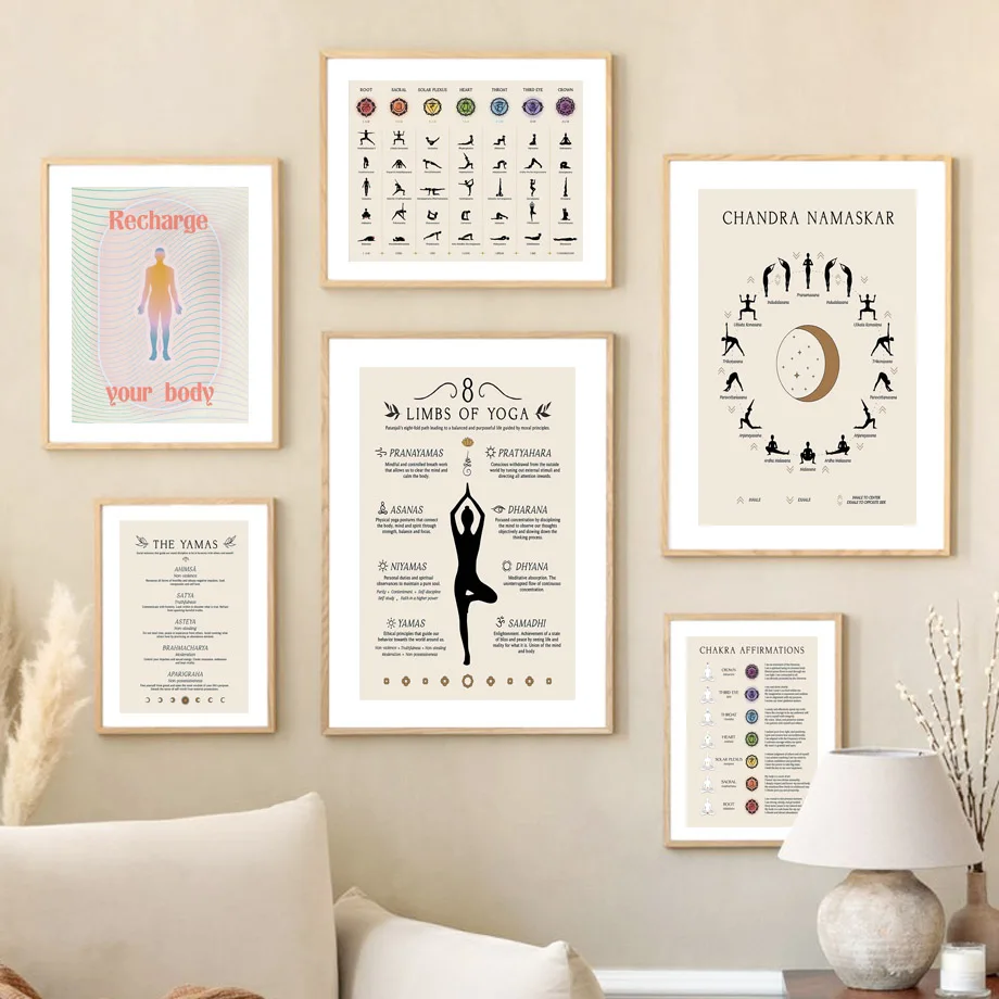 Yoga Spiritual Wall Art Mural Canvas Painting Chakra Moon Phase Yoga Pose Poster Prints for Meditation Room Bedroom Home Decor