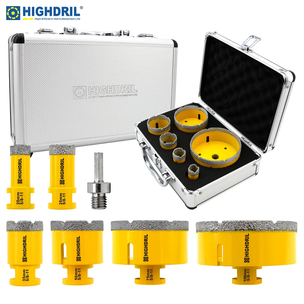 HIGHDRIL 7Pcs Dia20-100mm Diamond Drilling Bits Kit Tile Cutter Drilling Ceramic Marble Granite 58 Thread Hole Saw Drill Tool