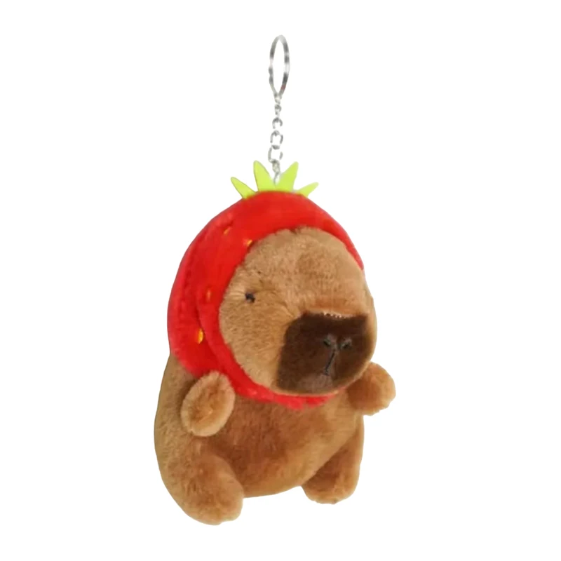 Cartoon Removable Strawberry Frog Hat Capybara Doll Keychains Women Cute Plush Car Keyring Creative Backpack Pendant Gifts