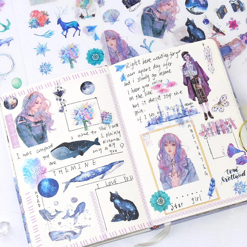 

Набор из 6 листов: Декоративные стикеры Kawaii Washi с милыми китами, цветами и девочками, наклейки-этикетки для DIY, дневников, альбомов, скрапбукинга, канцелярских товаров