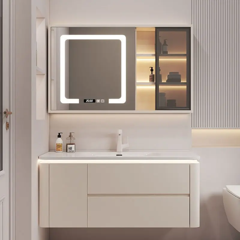 Simple cream wind washbasin ceramic integrated basin modern bathroom intelligent solid wood bathroom