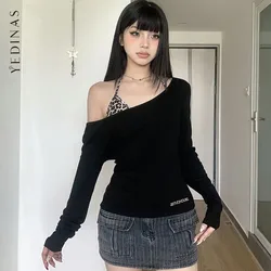 Yedinas Streetwear Two Pieces Tops Autumn Patchwork Leopard Bra Slim T Shirt Women Clothes Long Sleeve 2000s Clothes Y2k T-shirt