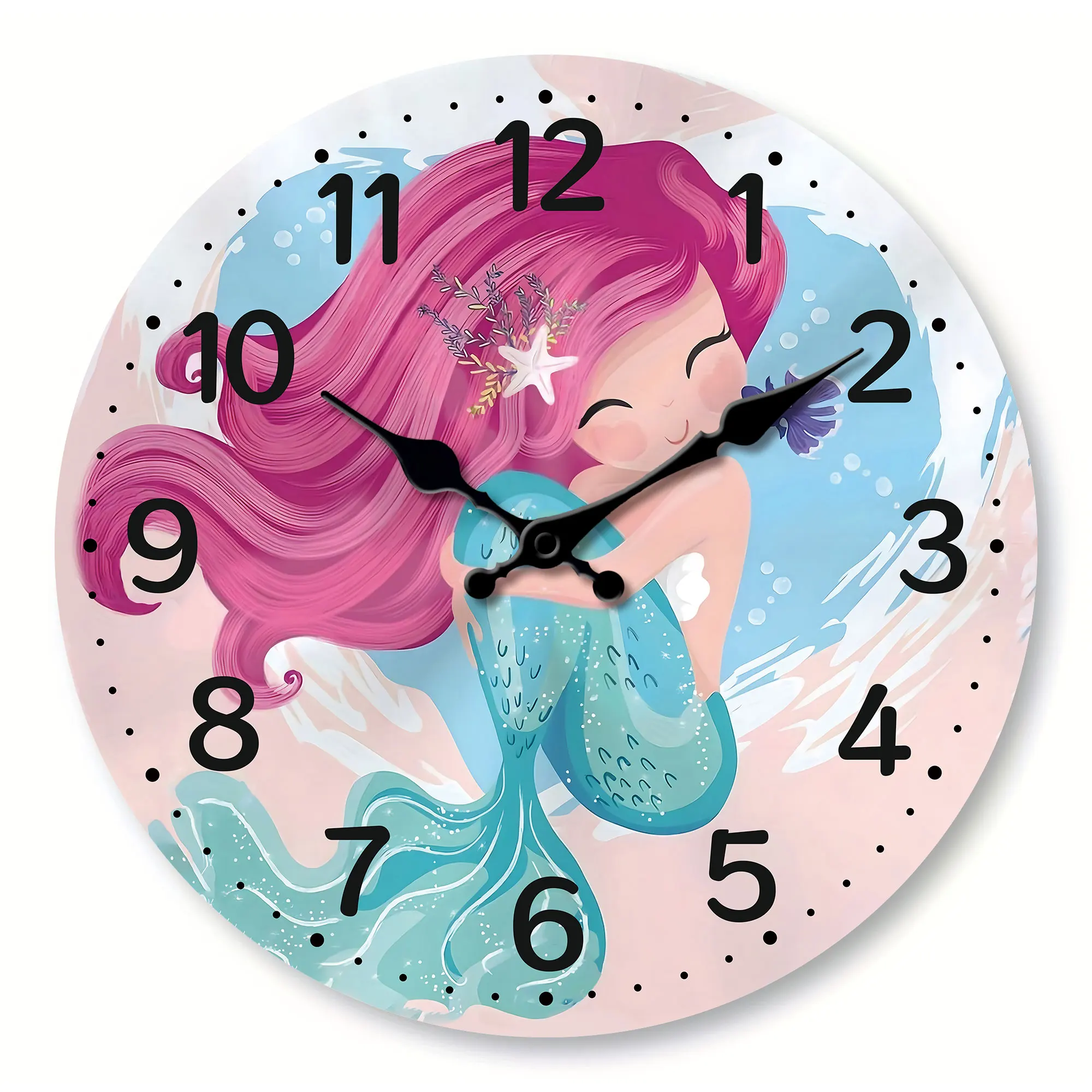 Eine süße Meerjungfrau-Wanduhr aus Holz, Meer, Strandthema, batteriebetriebene, leise Quarzuhr, Wohnzimmer, Küche, Schlafzimmer, Badezimmer
