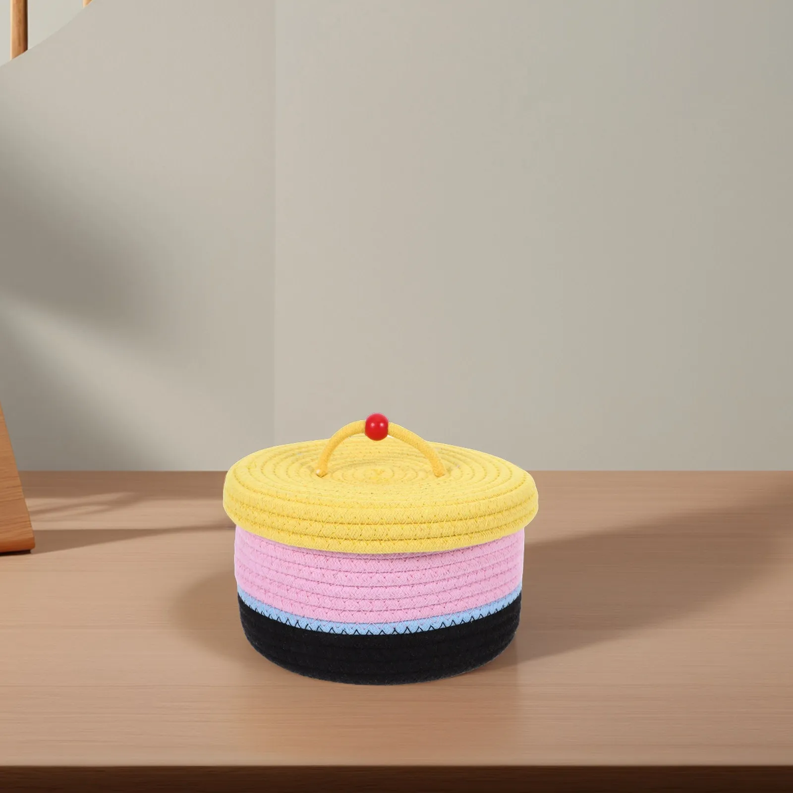 Cute Colorful Cake-Design Cotton Rope Basket with Lid Round Woven Storage Container for Organizing Sewing Supplies Cosmetics