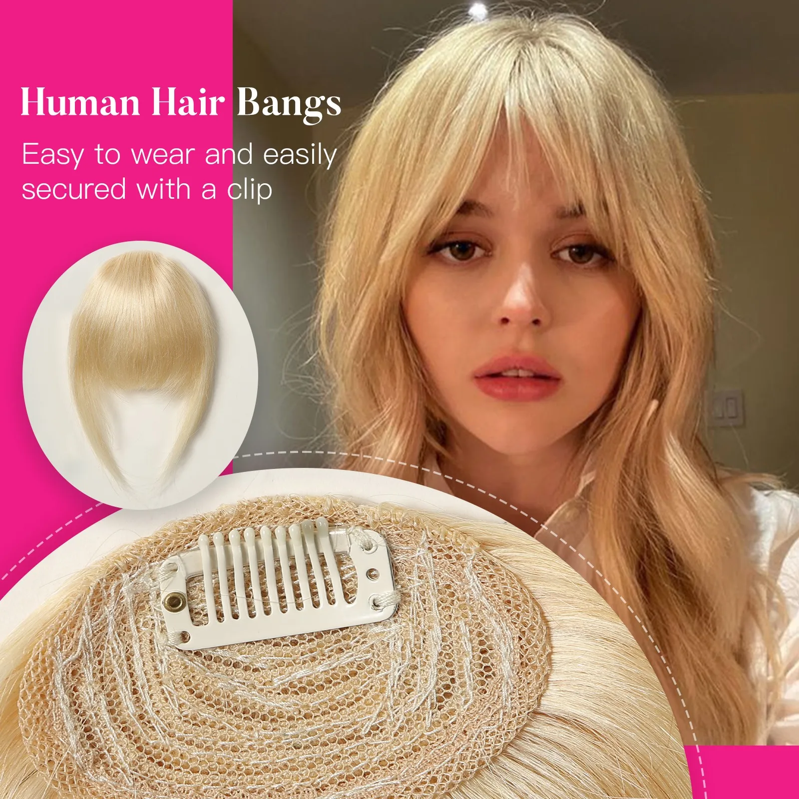 

Light Blonde 100% Remy Human Hair Bangs for Women Blonde Human Hair Pieces Clips in French Bangs 1.5in/15g Human Hair Extentions