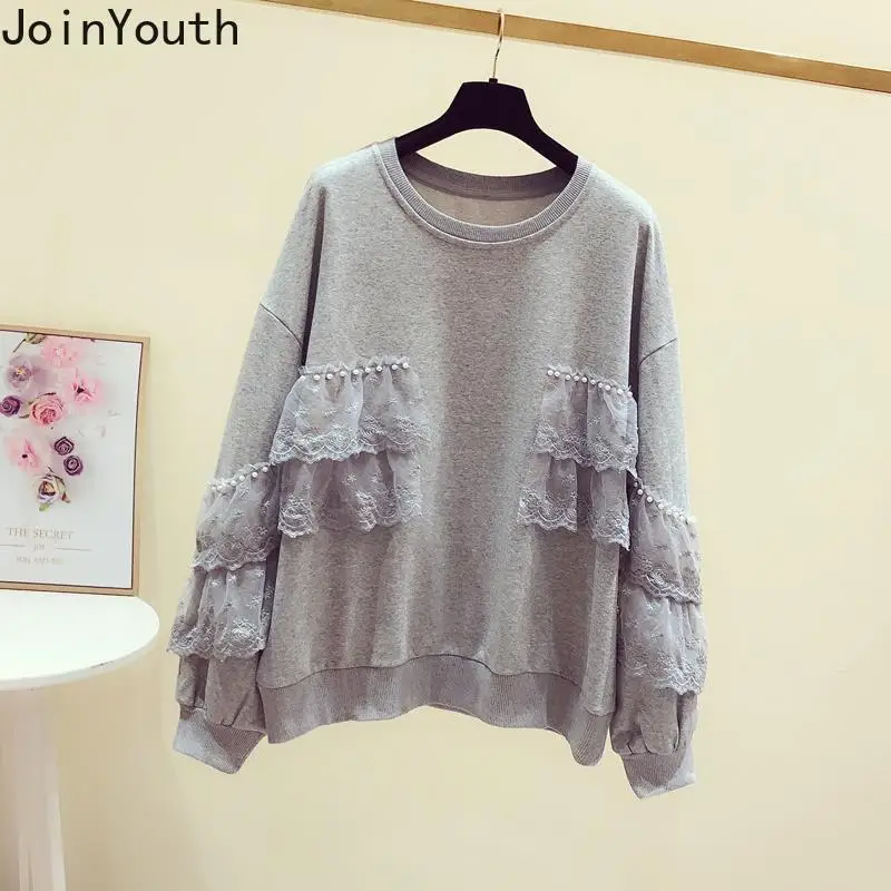 Cotton Hoodie Women Clothing 2023 O-neck Patchwork Beading Lace Oversized Tops Ropa Mujer Casual Fashion Y2k Sweatshirts 27s883