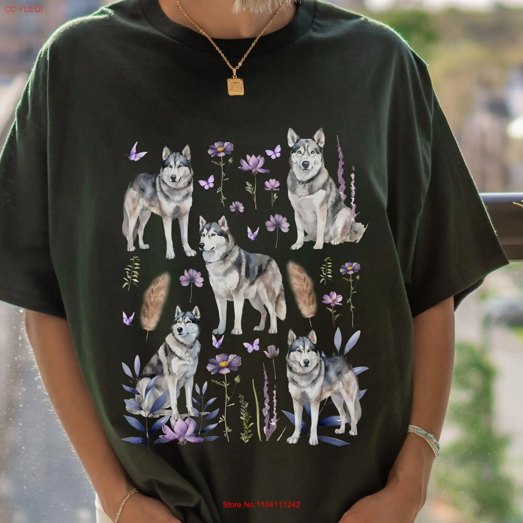 Siberian Husky T Shirt s Clothes Wild Flower Cottage Core Mama dogs long or short sleeves