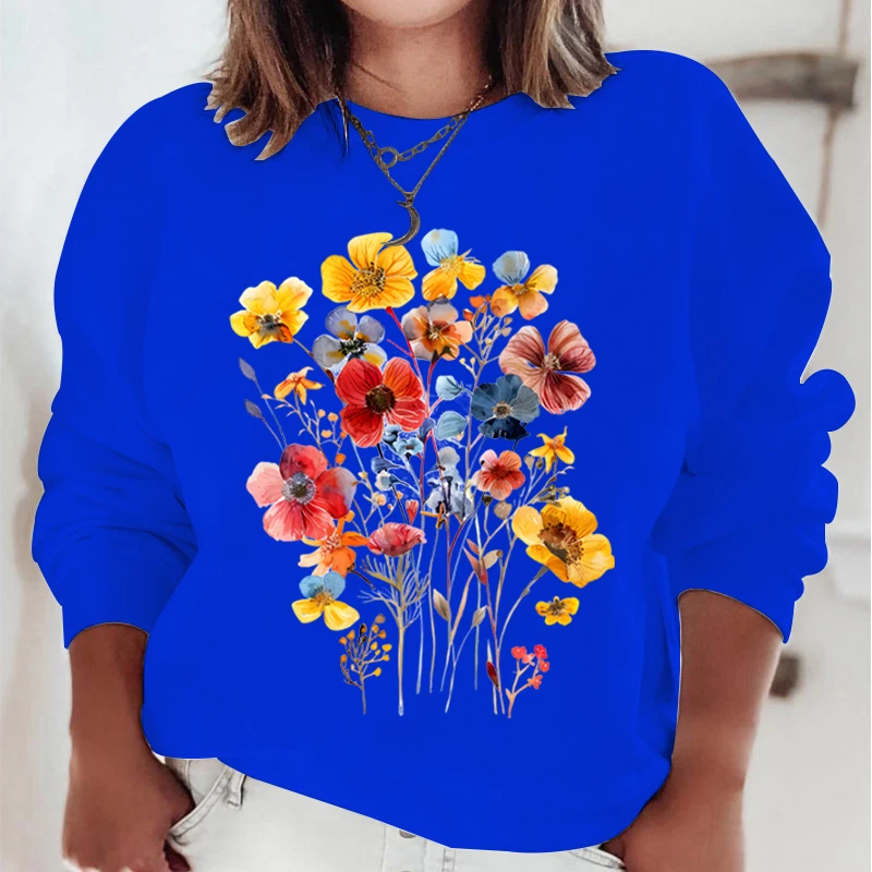 Colorful Wildflower Sweatshirts Women Vintage Retro Floral Print Women Casual Hooded Shirt Boho Wildflowers Graphic Sweatshirt