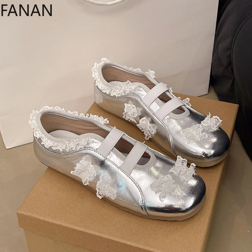 French Silver Flats Women's 2025 Summer New Sports Casual Soft-soled Ballet Mary Jane Shoes Breathable Vacation Low Heel Shoes