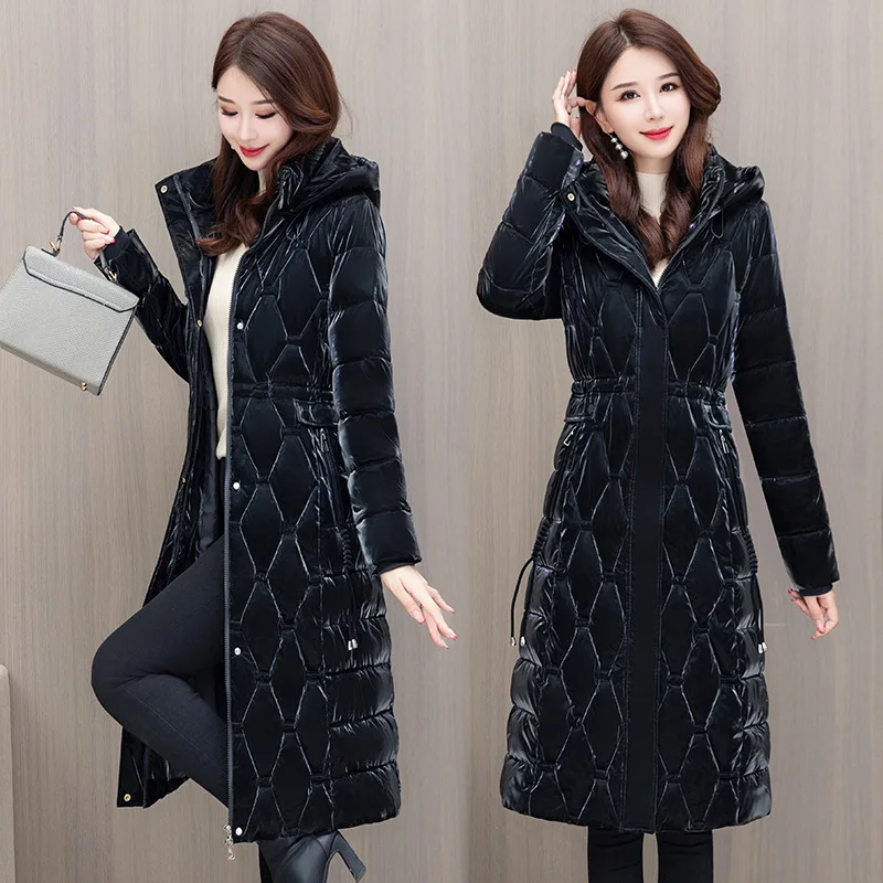 Women Hooded Parkas Coats Mid Lenth Jackets Solid Zipper Pocket Cinched Waist Glossy Long Sleeves Slim Thick Casual 2025 Winter