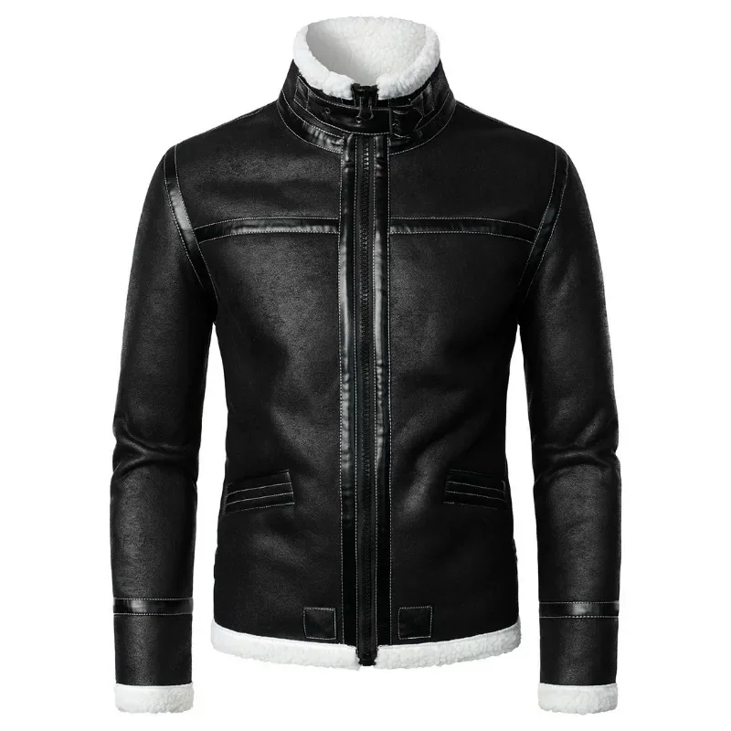 

Winter Men Fleece-Lined Thicken Fur Integrated Leather New Men Leather Clothing with Stand Collar Lambswool Leather Jacket