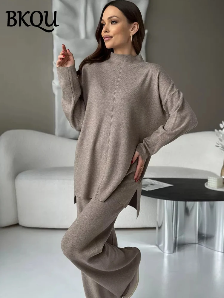 BKQU Casual Split Long Sleeve Sweater Pants Suits Women\'s Knitted Two Piece Sets Loose Soft Winter Female Commuting Outfits 2025