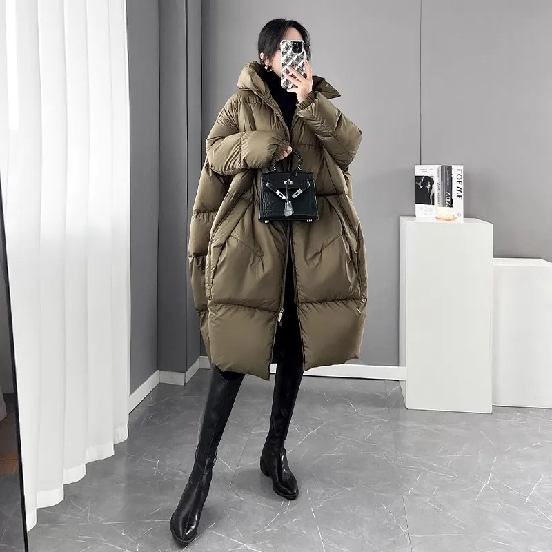 Black Women Bread Down Jacket 2024 Winter New Fashion Hooded Thicken White duck down Coat Loose Casual Female Parkas Overcoat