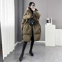 Black Women Bread Down Jacket 2023 Winter New Fashion Hooded Thicken White duck down Coat Loose Casual Female Parkas Overcoat