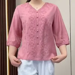 Women's Middle Old Age Solid Color T-shirt 2024 Summer New Fashion Embroidery Loose V-neck 3/4 Sleeve Button Pullover Shirt Tops