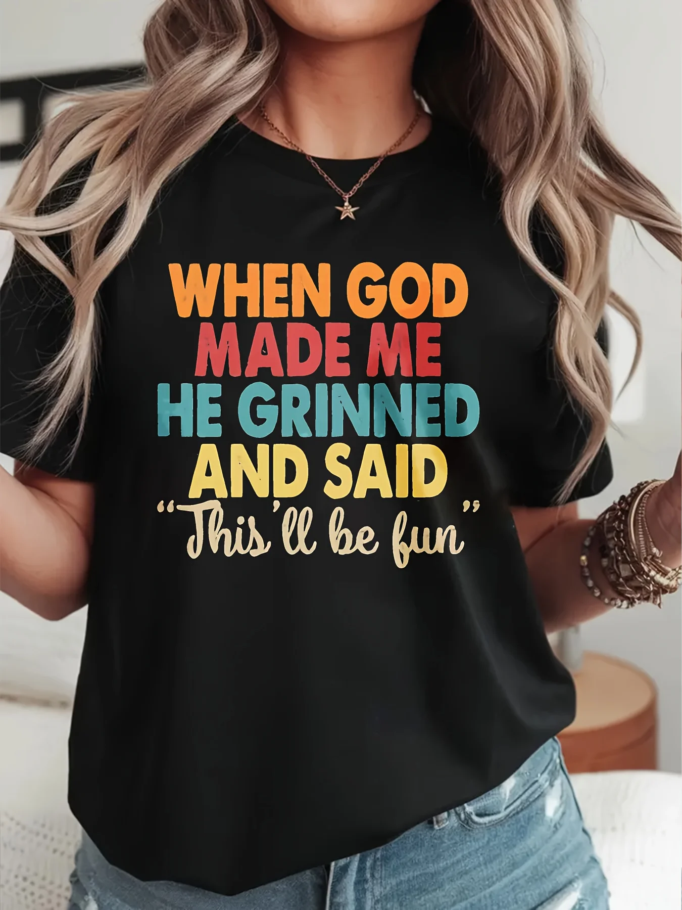 Funny Faith Slogan Graphic T Shirt for Women Retro Colorful Letter Print Short Sleeve Casual Top for Daily Streetwear Holiday