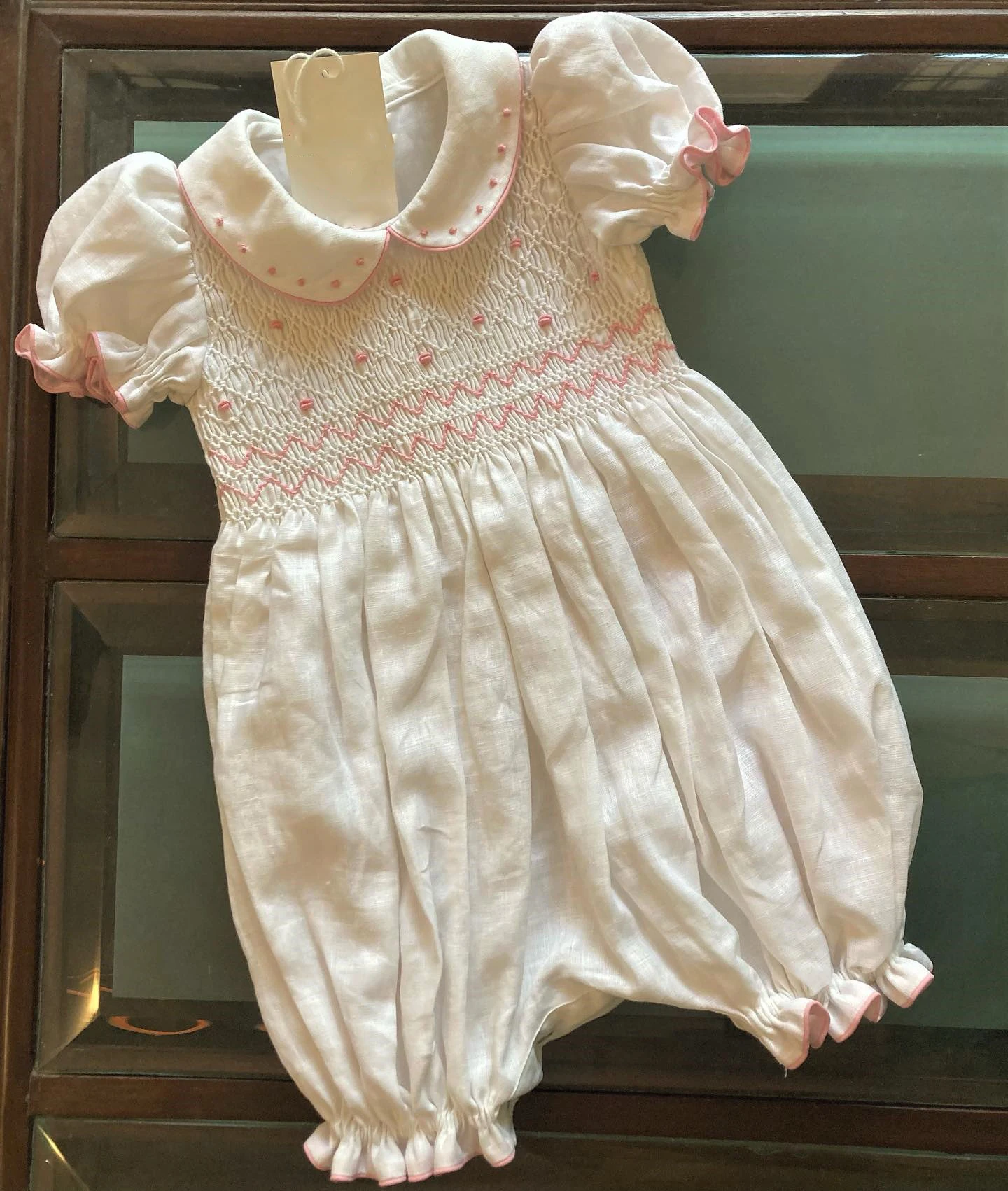 0-6Y Baby Girl Vintage Handmade Embroidery Pink Dots White Smocked Romper Suit Outfit For Birthday Party Photography A506