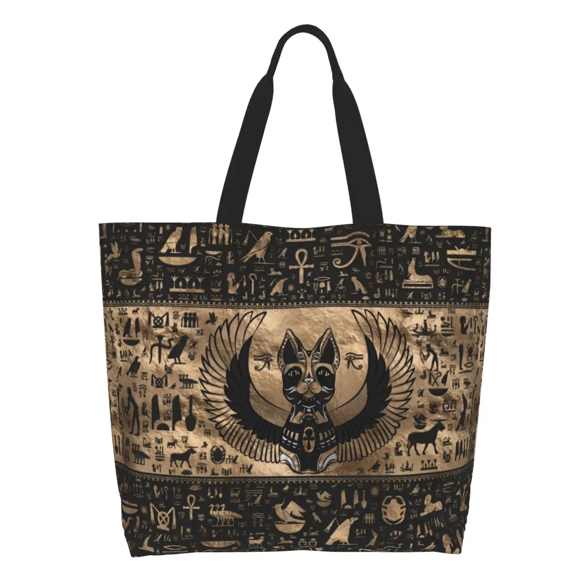 Bolso de hombro reutilizable para compras, bolsa de lona con símbolo del antiguo Egipto, diosa del gato egipcio, a la moda