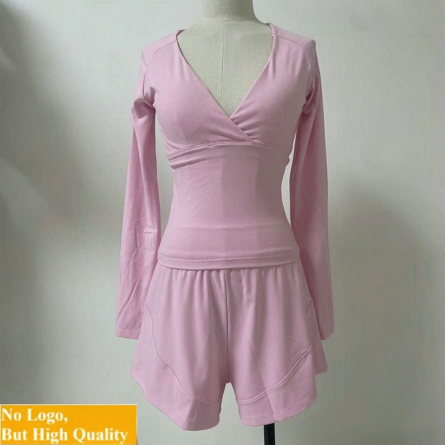 NO LOGO Cross V-neck long sleeved top+sports shorts set, waist cinching height training stretch running Pilates training fitness