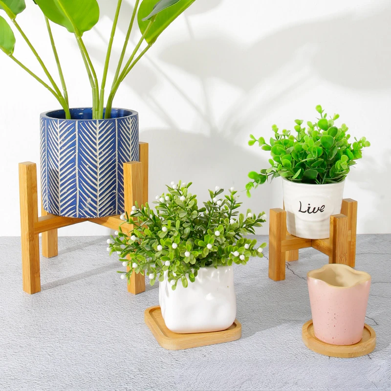 Northern Europe Home Indoor Floor Standing Four Legged Wooden Flower Pot Rack Living Room Balcony Succulent Bamboo Plant Shelves