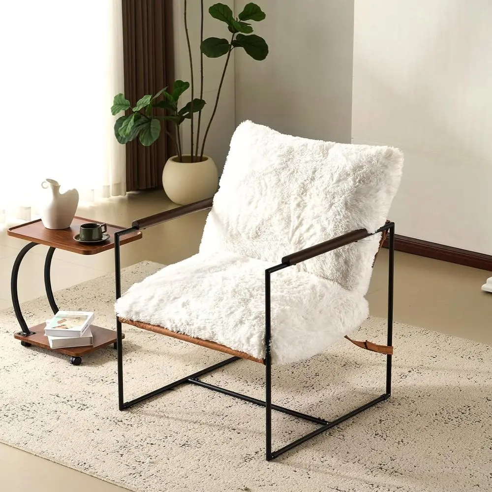 

28" Wide Plush Upholstery Sling ern Accent Chair with Metal e, Cute Reading Armchair with Removable Seat Cushion & Tan Microiber
