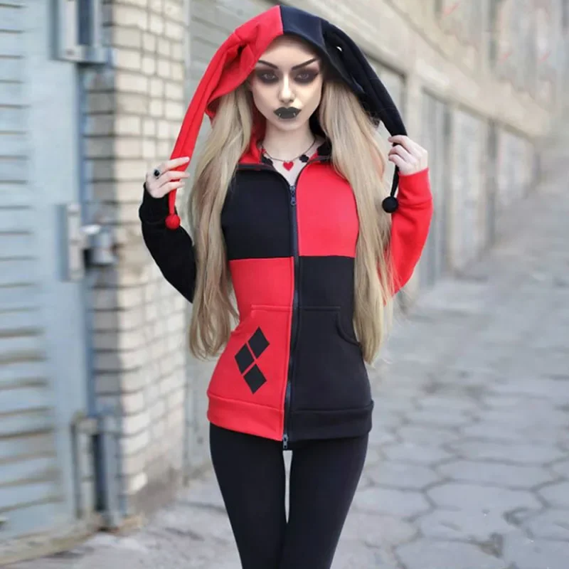 Costume de bouffon de clown arlequin pour femme, sweat à capuche effrayant, manteau pour femme, sweat-shirt noir, tenue de cosplay d'Halloween, sweat à capuche pour fille adulte