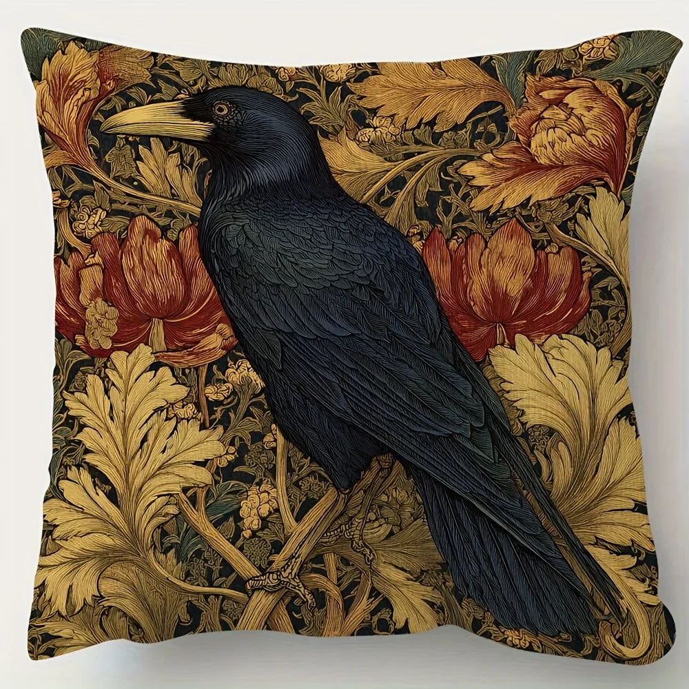 1pc William Morris Moody Rook Victorian Floral Bird Print Pillow Cover - 18x18 Inch Luxury Short Plush Case with Golden Foliage