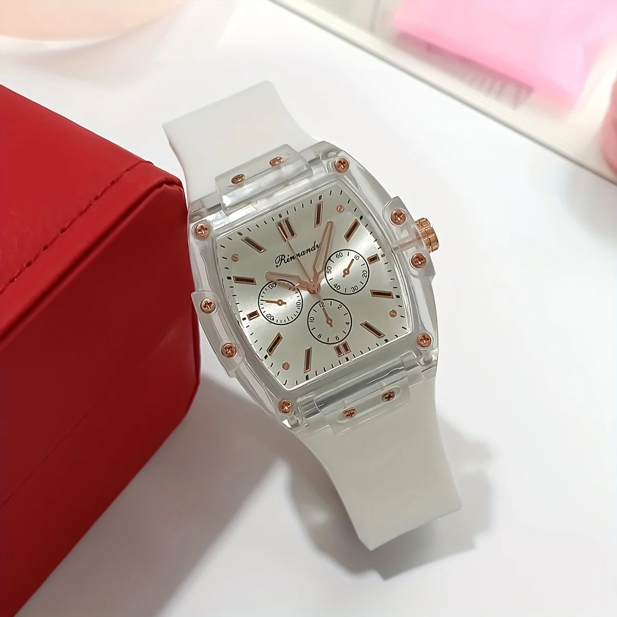 ساعة كوارتز بمؤشر تونيو بلون الحلوى - شاشة تناظرية أنيقة للنساء والرجال - حزام سيليكون متين