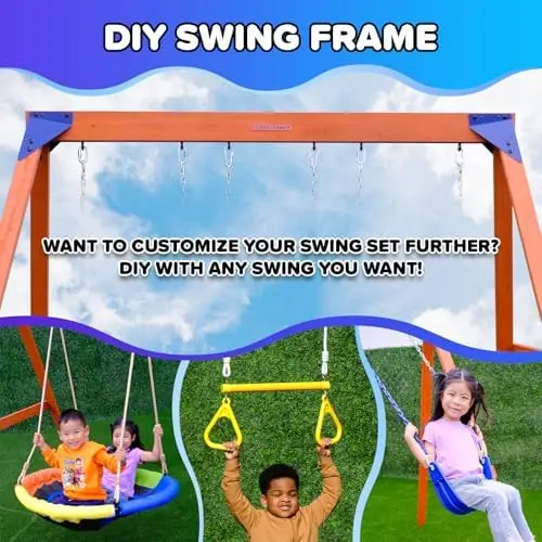 Madison Ce Wooden Swing Set: 2 Height Adjustable Swings and 2 Person Glider Swing, Backyard Outdoor Playset for Kids
