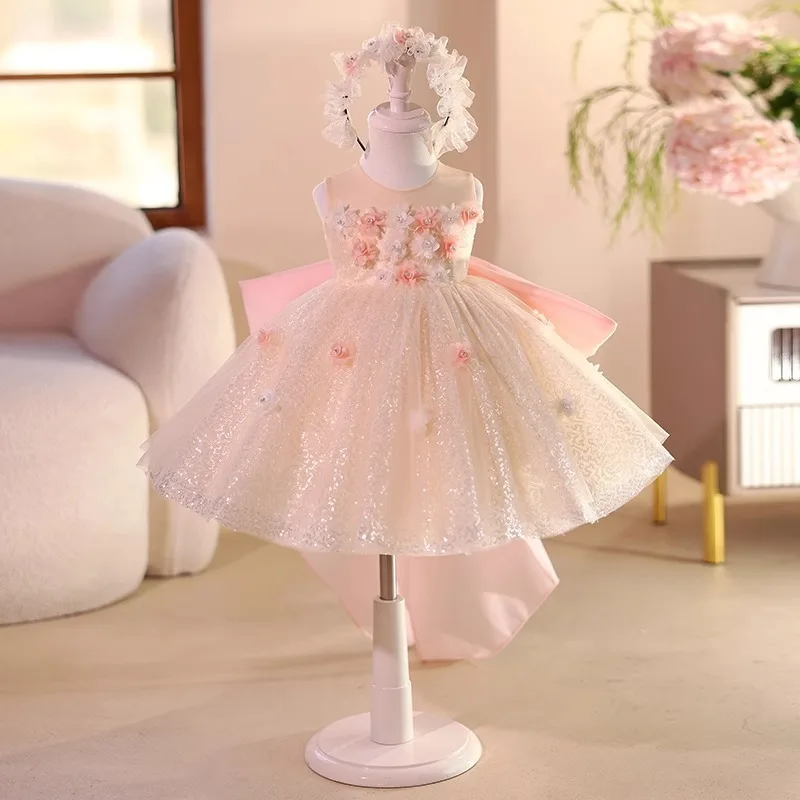 Girls' First High-End Light Luxury Niche Birthday Princess Dress Children's Flower Wedding Little Girl Puffy