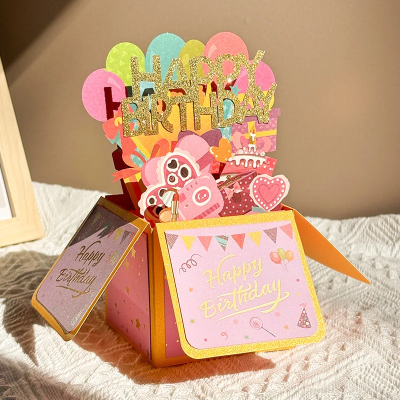 

3D Pop-up Birthday Box Greeting Card Happy Birthday Greeting Card Paper Sculpture Handmade Creative Ornament Gold Dust Folding