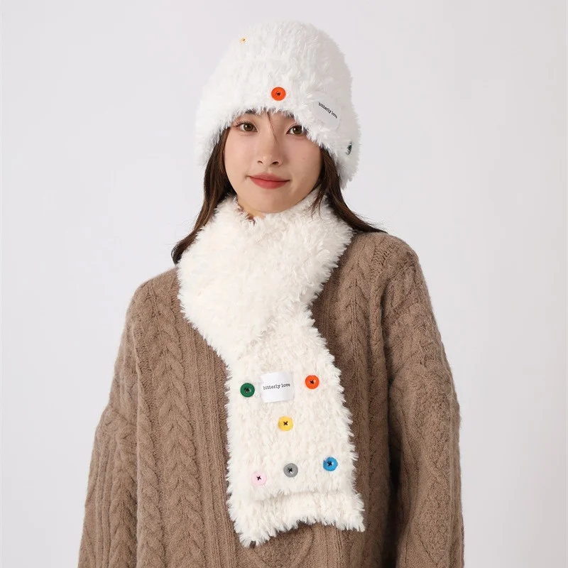 Women s Plush Knit Hat Protective Warm Autumn Winter Faux Fur Button Design Flattering Large Head Circumference Fit
