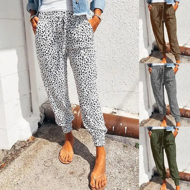 

Loose Women's Casual Pants Summer 2025 Belted Trousers Leopard Print Cuffed Elastic Waist Mid-aged Women's Fashion