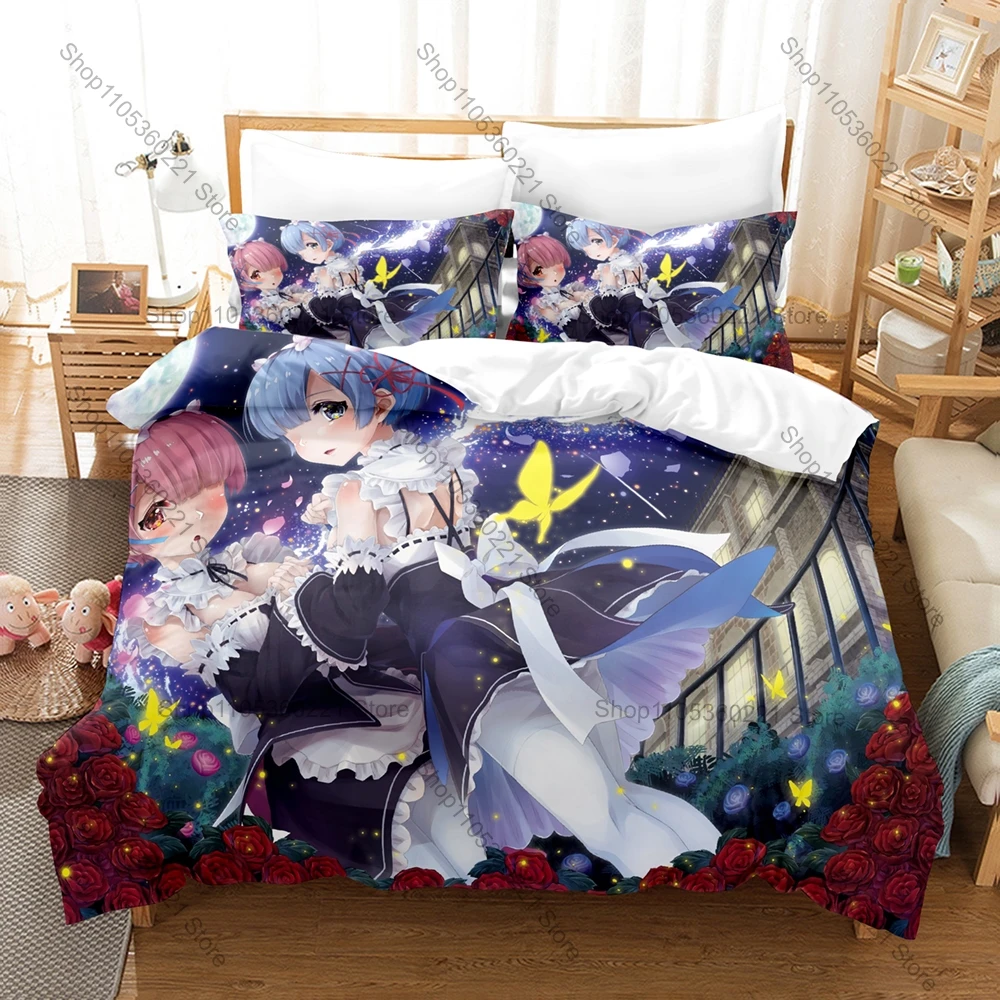 Fantasy Anime Print Duvet Cover + 2 Pillowcases Re Zero Rem Ram Stylish Soft Bedroom Supplies