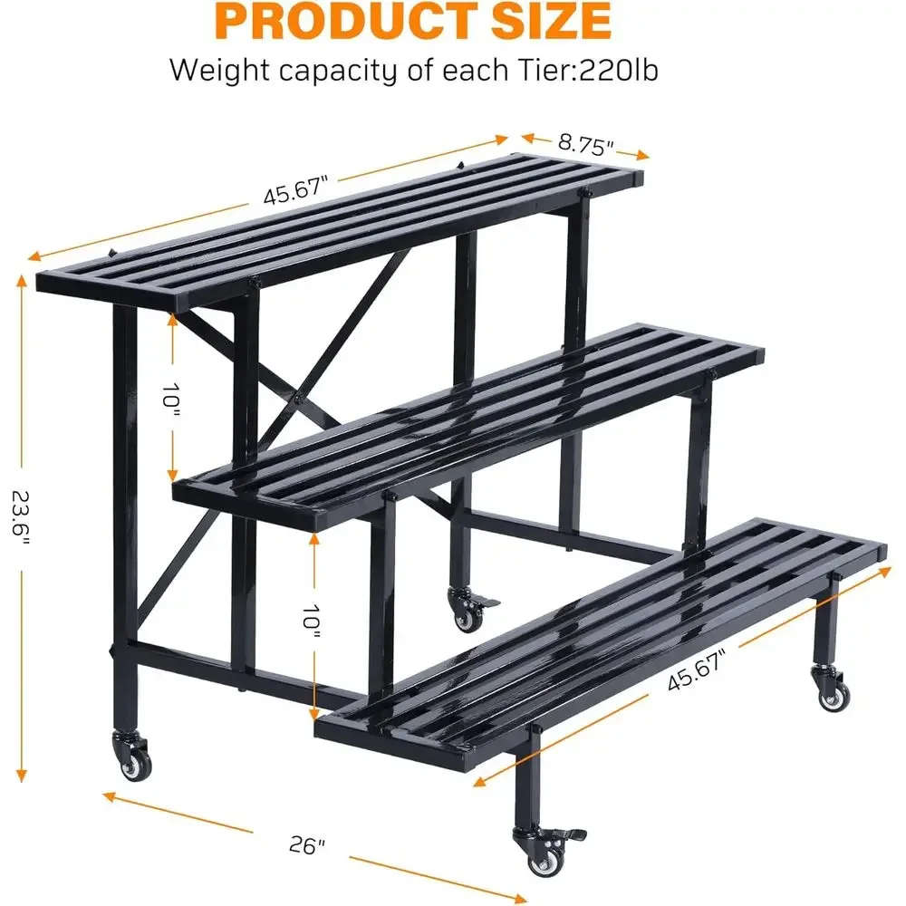 3-Tier Heavy-Duty Metal Plant Stand with Wheels, 660 lb Capacity, 45.67''L x 26''W x 23.6''H