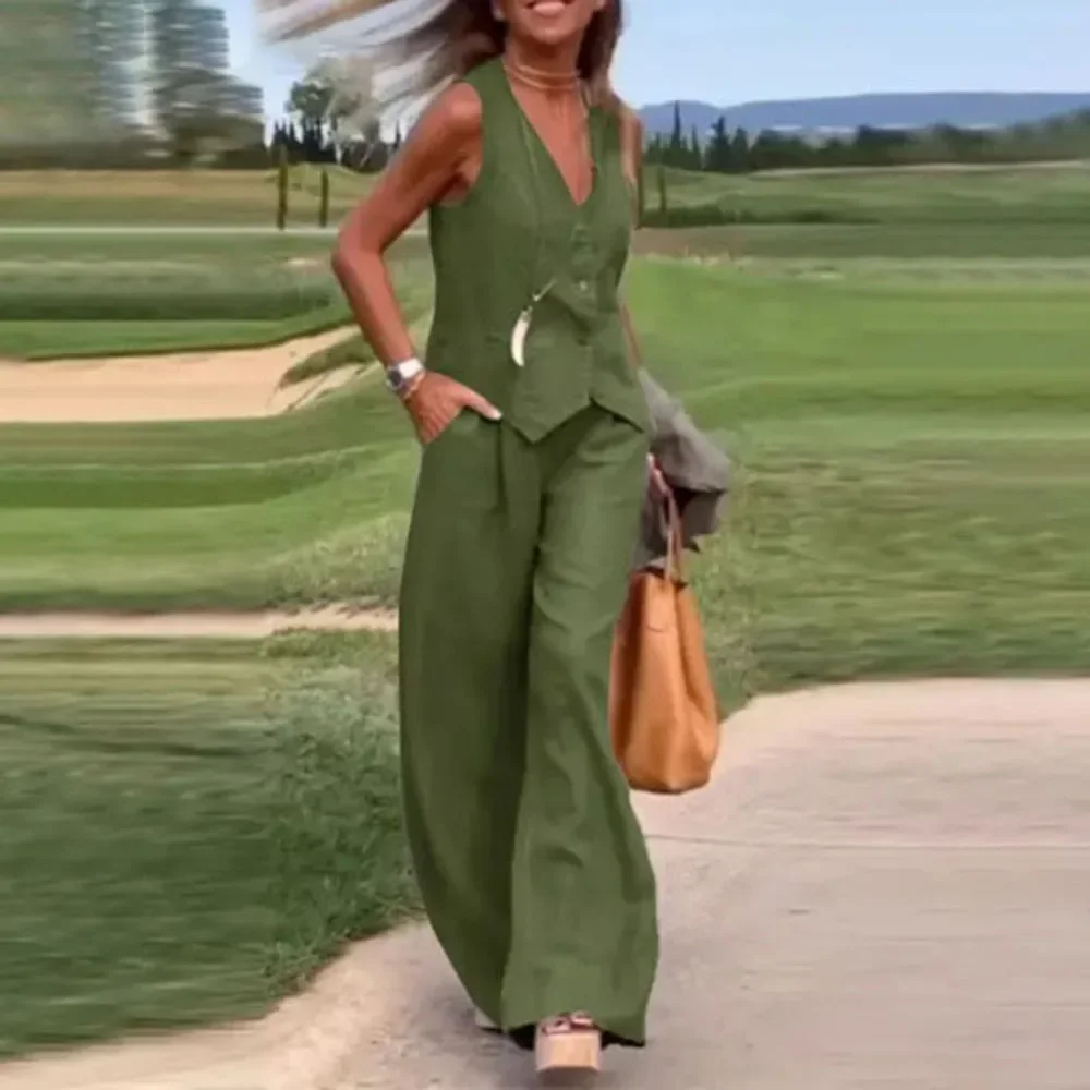 

Повседневные комплекты на бретелях и широких брюк, комплект из 2 предметов, женский наряд, летние элегантные однотонные хлопковые льняные топы, брючный костюм