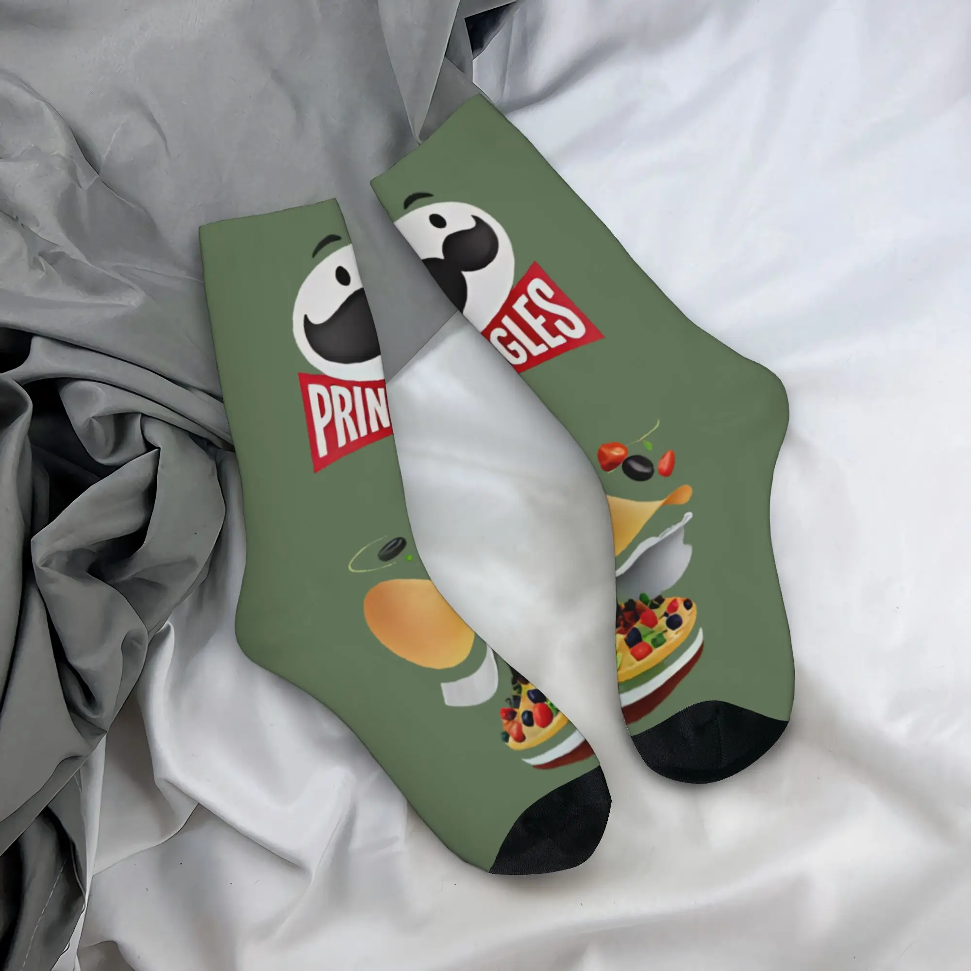 Calcetines para hombre, calcetines con diseño de papas fritas Pringles, color verde menta, calcetines transpirables retro de otoño, calcetines antibacterianos para ciclismo
