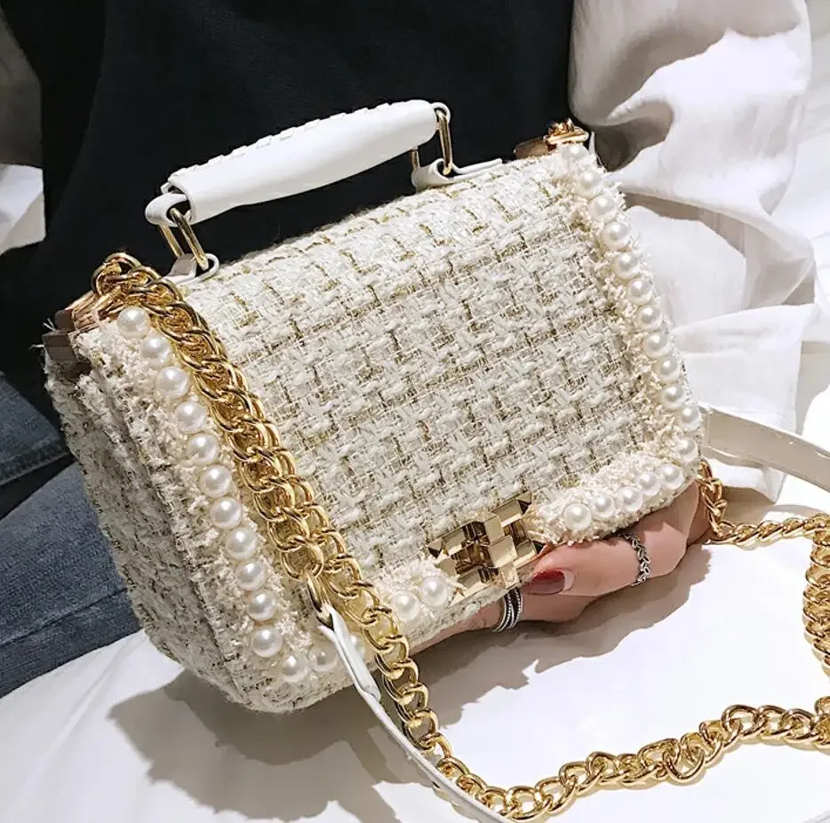 2021 Fashion New Female Square Tote Bag Quality Woolen Pearl Women\'s Designer Handbag Ladies Chain Shoulder Crossbody Bag Travel