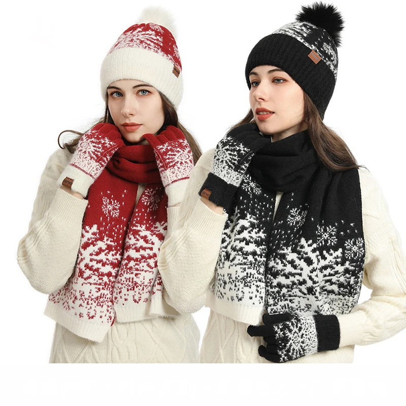 Christmas Snowflake Knit 3Pcs Set Winter Warm Pom‑pom Beanie Hat Touchscreen Gloves Long Scarf Soft Cold‑proof Matching Accessor