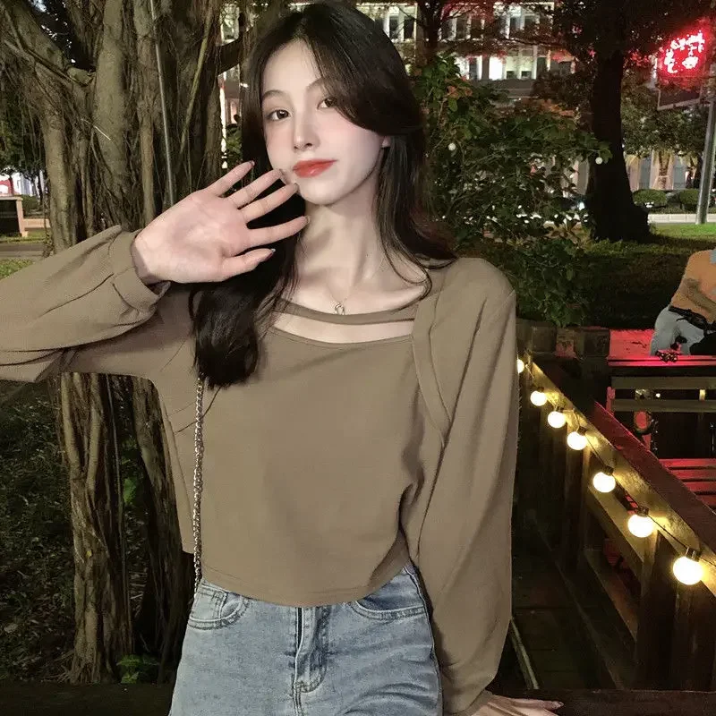 Camisetas de manga larga para mujer, moda coreana, ropa de primavera, Tops de nuevo estilo para mujer, camiseta sencilla con cuello cuadrado, camisetas informales lisas 2021