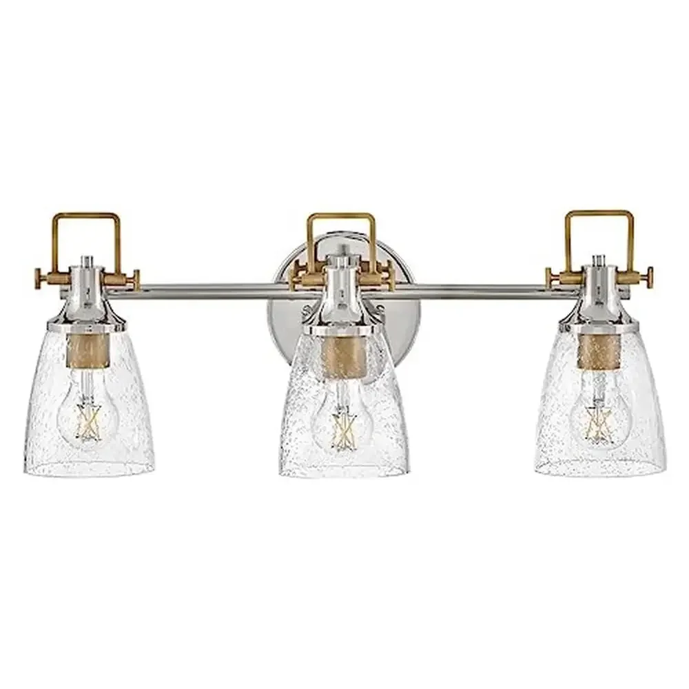 Clear Seedy Glass Three-Light Vanity Fixture Polished Nickel Heritage Brass Industrial Modern Mount Up or Down Wall Sconce