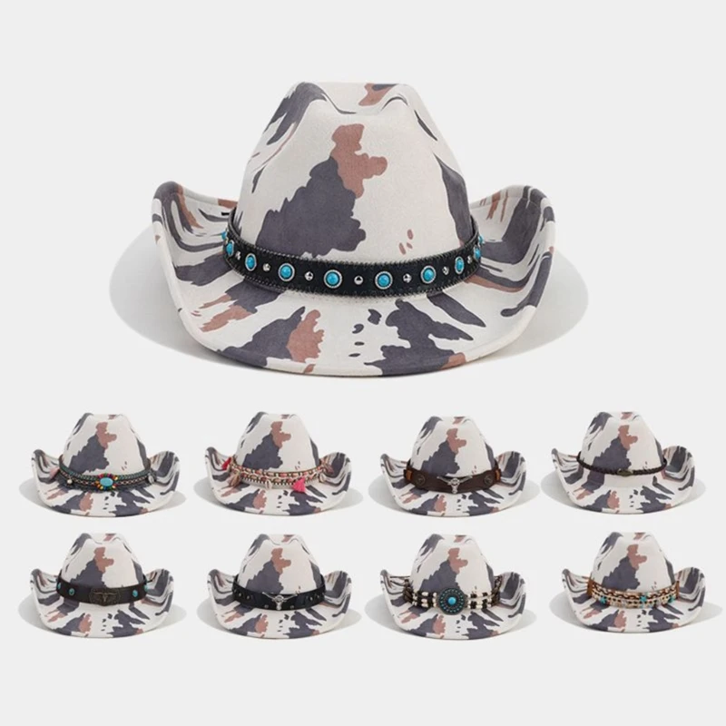 Adult Cowboy Hat with Cow Print Pattern for Woman Western Cowboy Hat Model Show Photography Camouflage Cowboy Hat