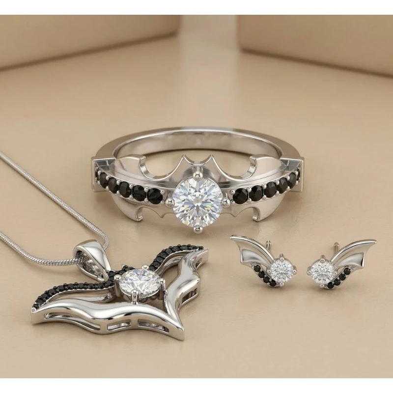 Gothic Bat round Moissanite 925 Silver Engagement Ring Pendant Earring Set Dark Romantic Jewelry